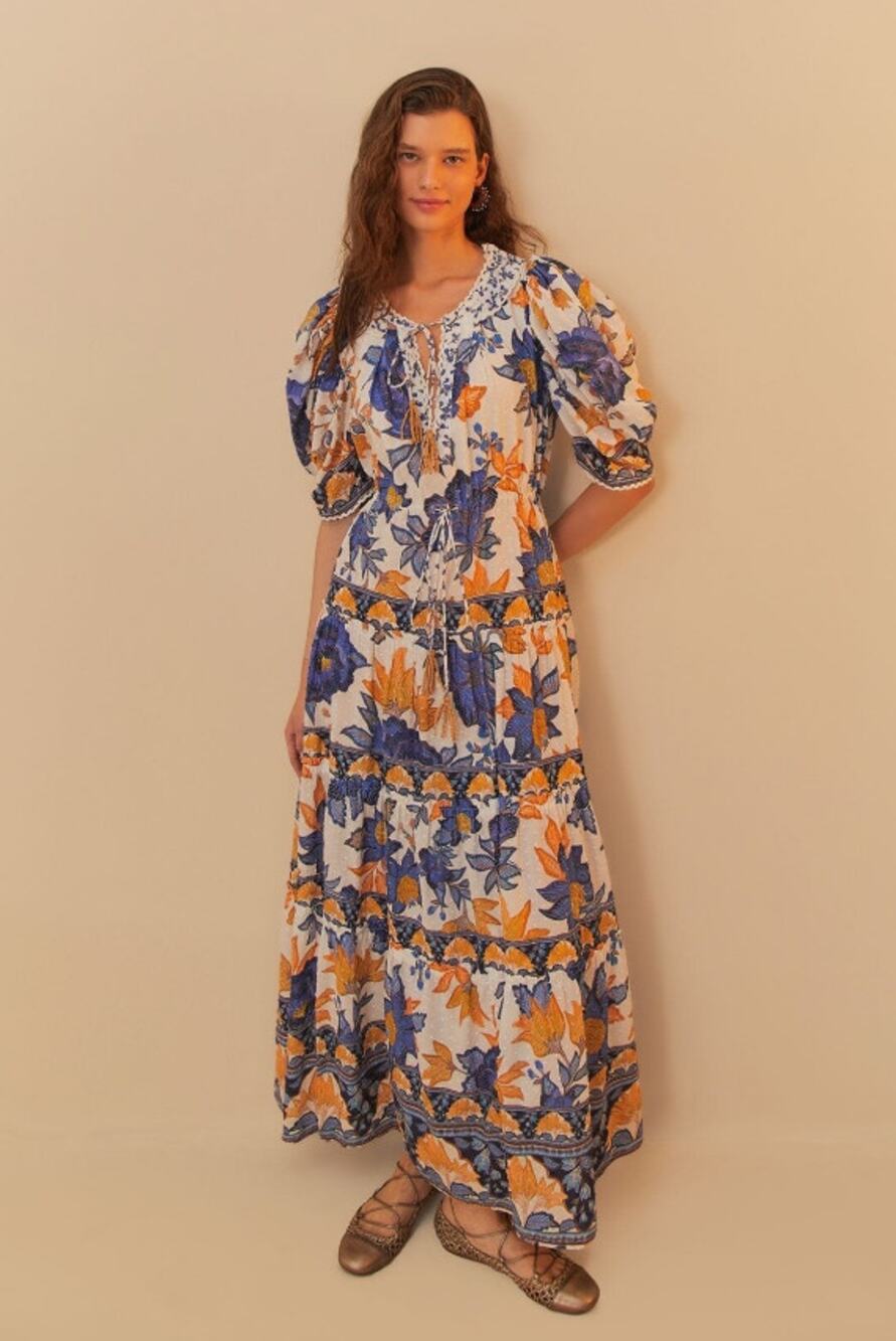 NEW NWT Farm Rio Off-White Summer Flowers Beaded Tassels Maxi Dress Size S